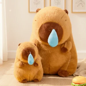 cute brown capybara plush toy featuring a retractable blue snot bubble hanging from its nose, shown in two sizes.