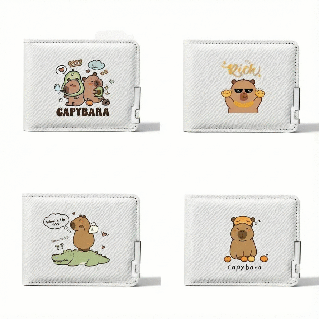 White textured bi-fold wallet featuring a "Rich" capybara with sunglasses and gold ingots, highlighting the silver metal corner accent.