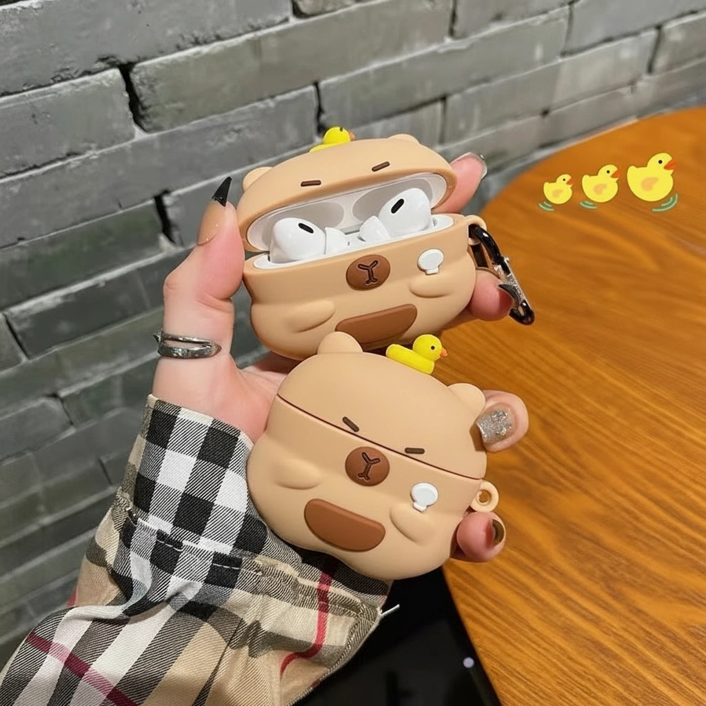 3D Silicone Capybara AirPods Case with Yellow Duck