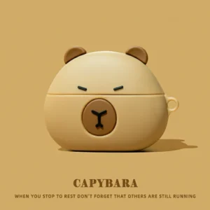 Front view of a cute, brown 3D silicone capybara airpods case with a squinting chill expression and small ears