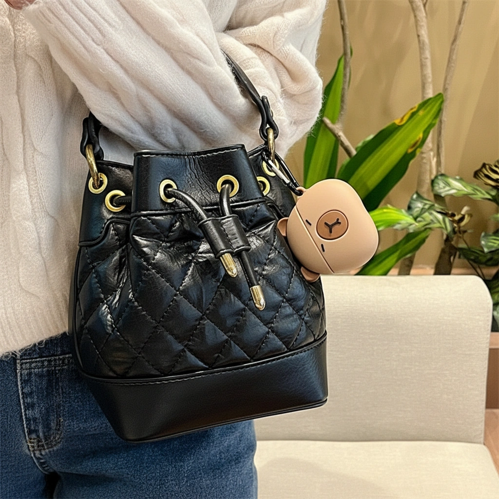 a cute, brown 3D silicone capybara airpods case with a squinting chill expression and small ears