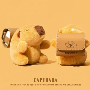 Plush Capybara AirPods Case with Leather Backpack Pouch & Wrist Strap
