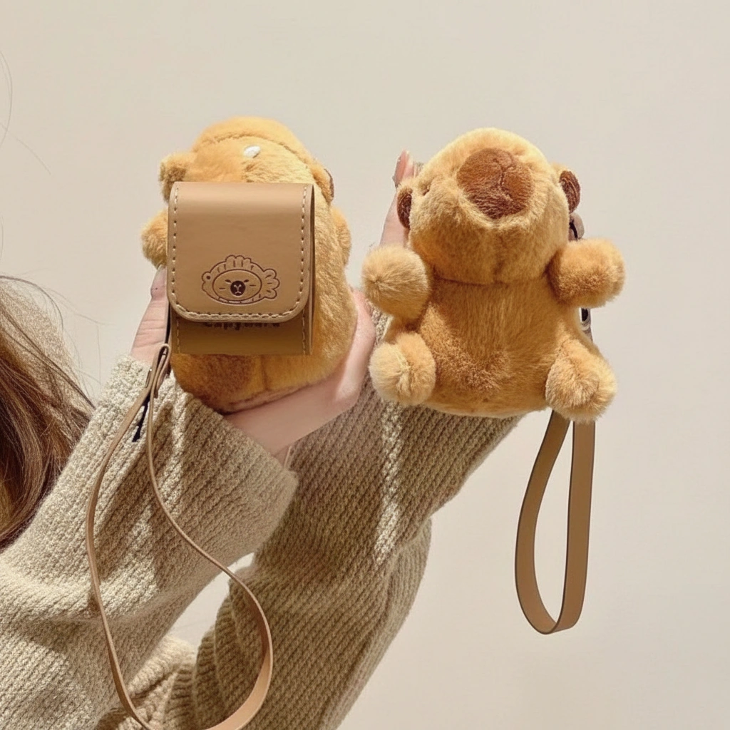 Plush Capybara AirPods Case with Leather Backpack Pouch & Wrist Strap