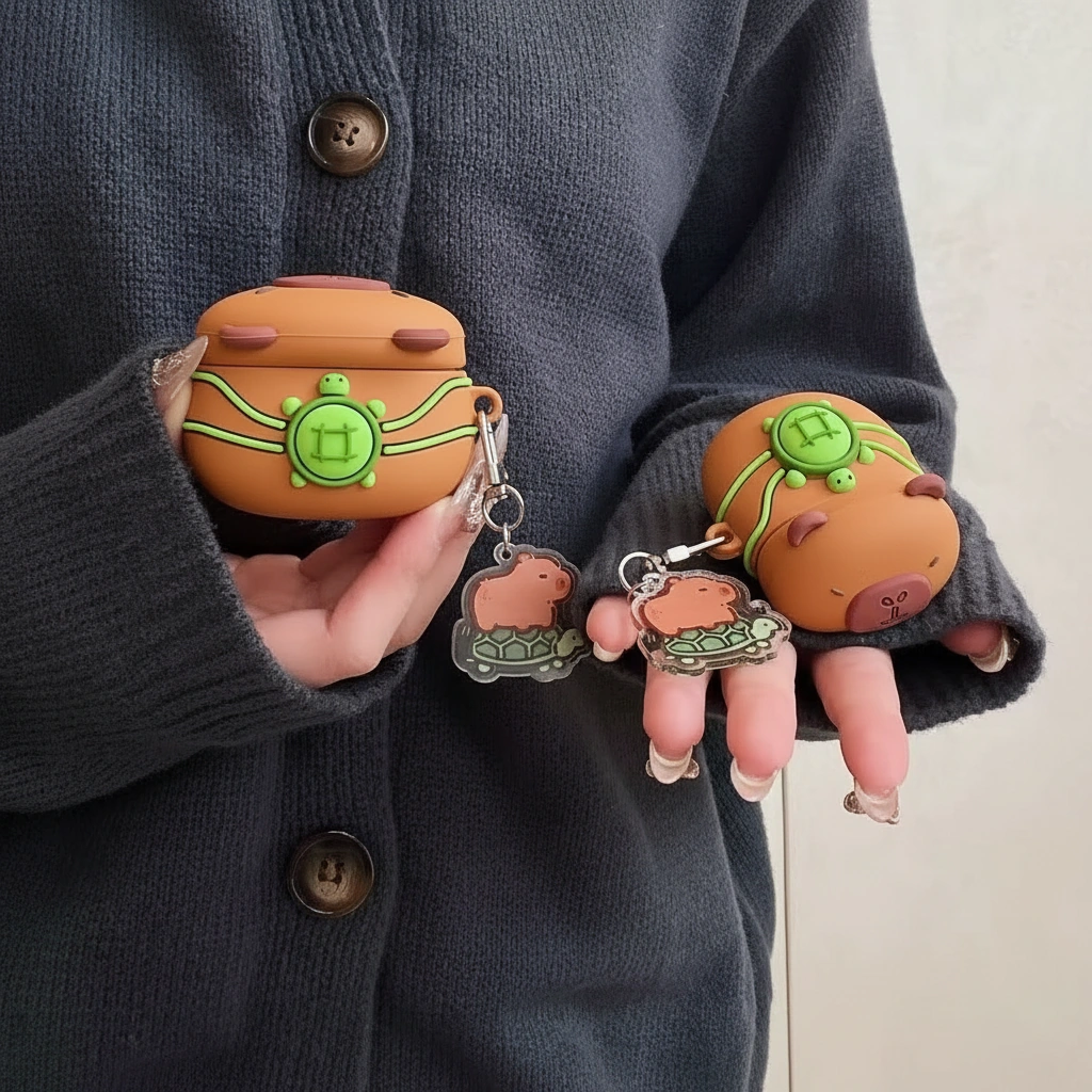 Silicone Capybara AirPods Case with Turtle Backpack