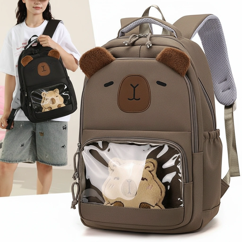 Large Capybara Backpack with Clear Window Bag for School