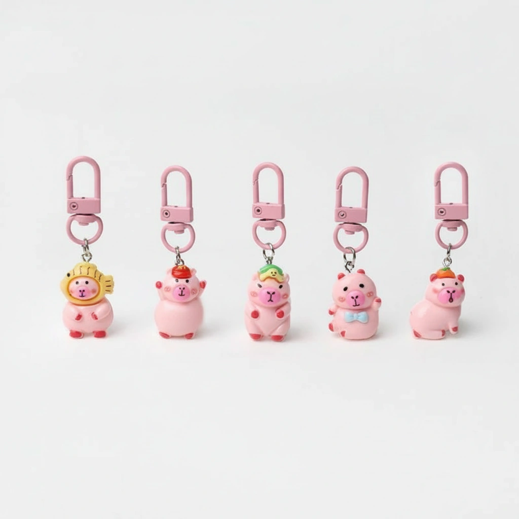 Set of 5 pink resin capybara keychains with matching pink clasps on a white background.