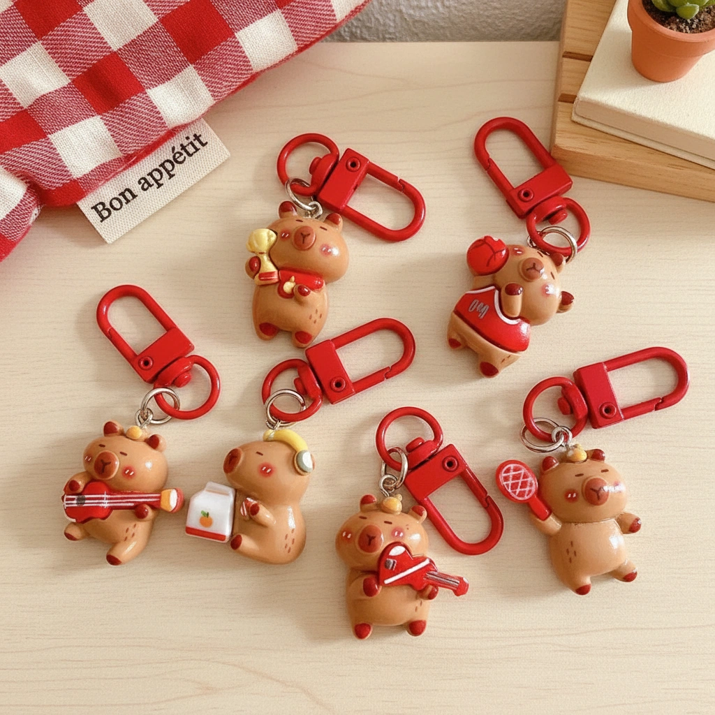 Top-down view of a 6-piece set of glossy resin capybara bag charms featuring red sports and music accessories like guitars, tennis rackets, and headphones.