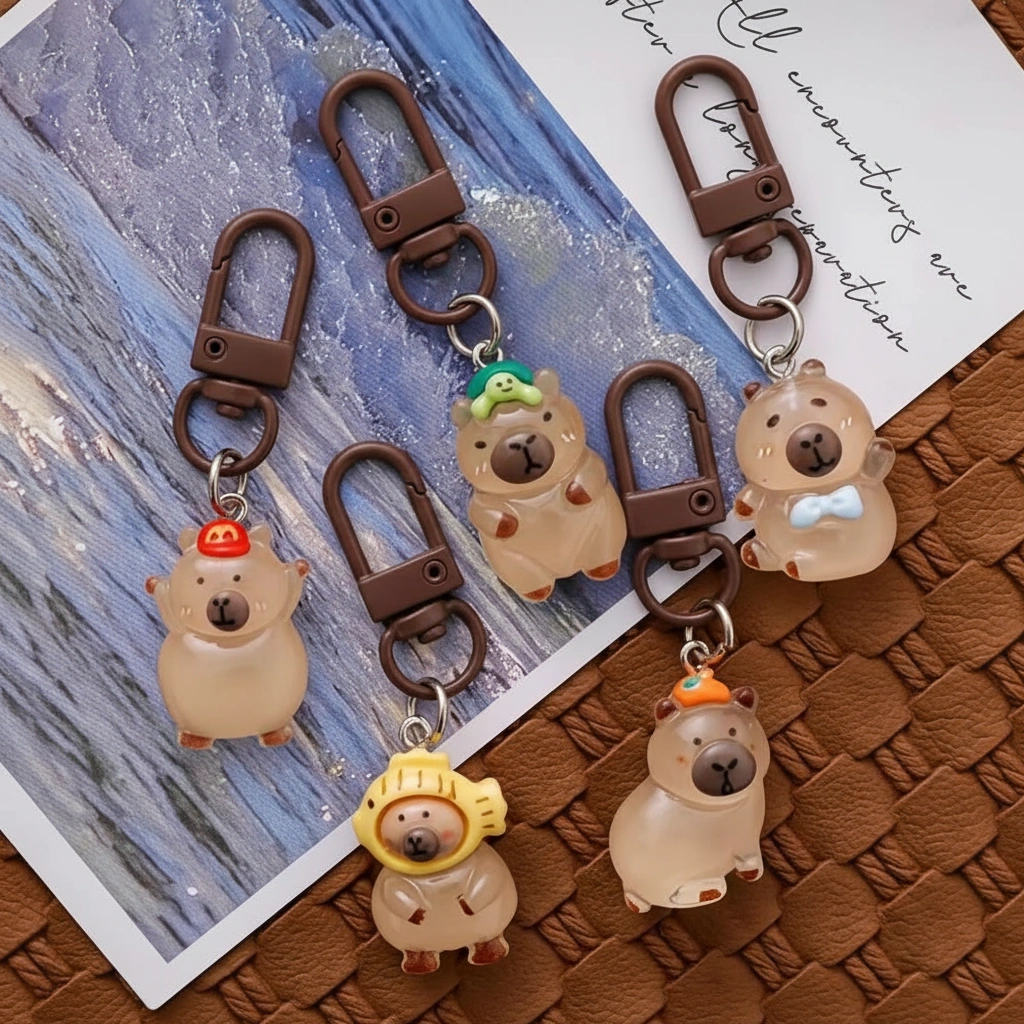 Set of 5 resin capybara bag charms shown in both daylight as translucent brown figures and in the dark glowing bright green, featuring designs with turtles, oranges, and hats.