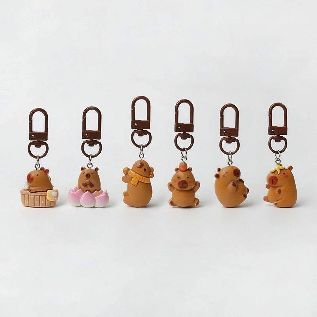 Set of 6 cute resin capybara bag charms featuring different poses including a hot tub capybara, lotus flower capybara, and capybara with an orange on its head.