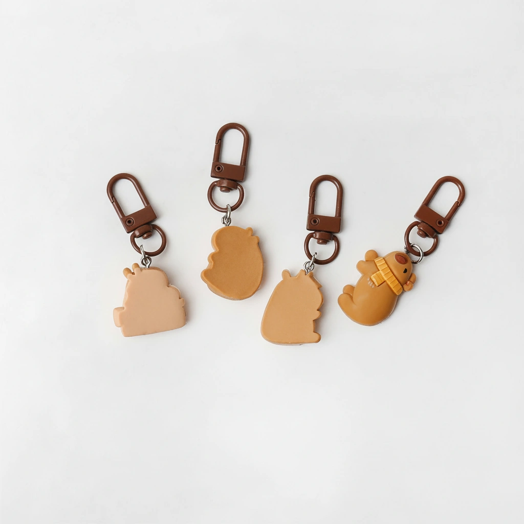 Four cute capybara keychain charms back side