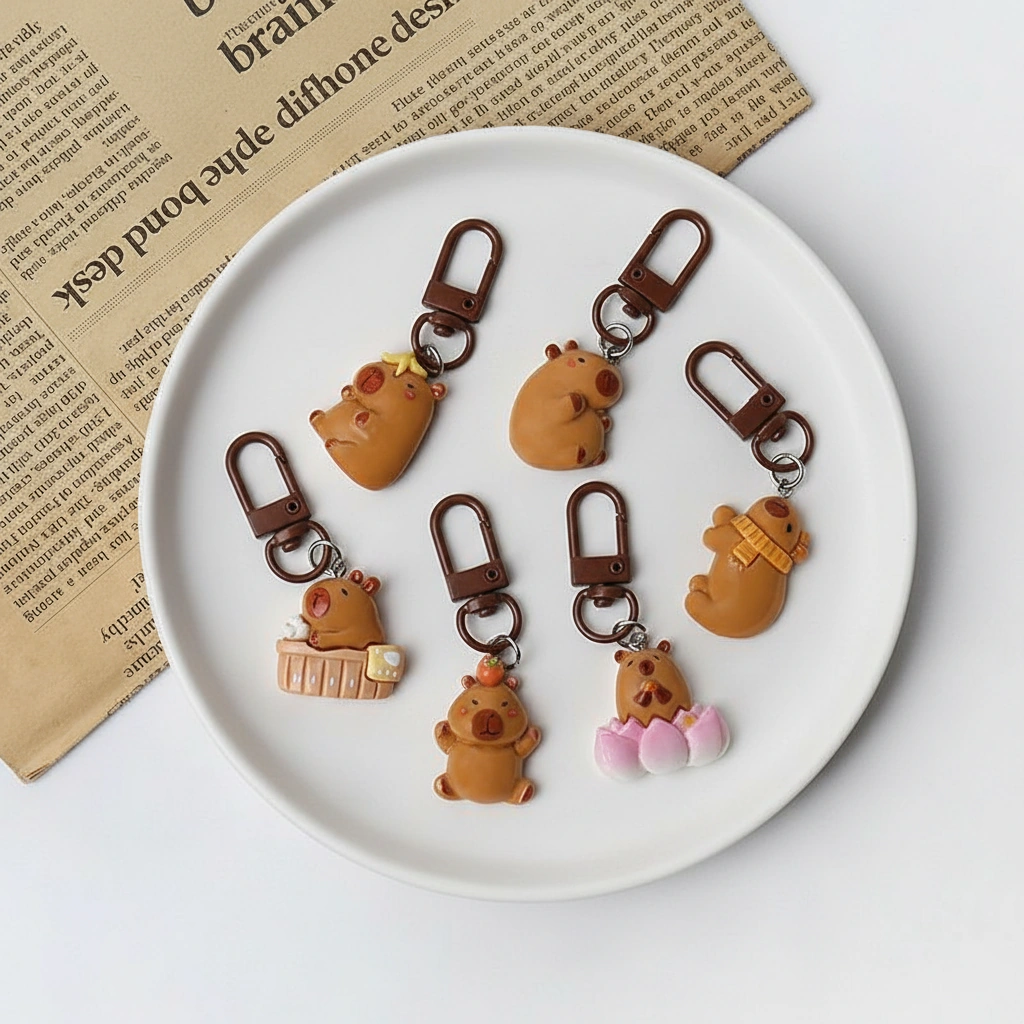 Set of 6 cute resin capybara bag charms featuring different poses including a hot tub capybara, lotus flower capybara, and capybara with an orange on its head.