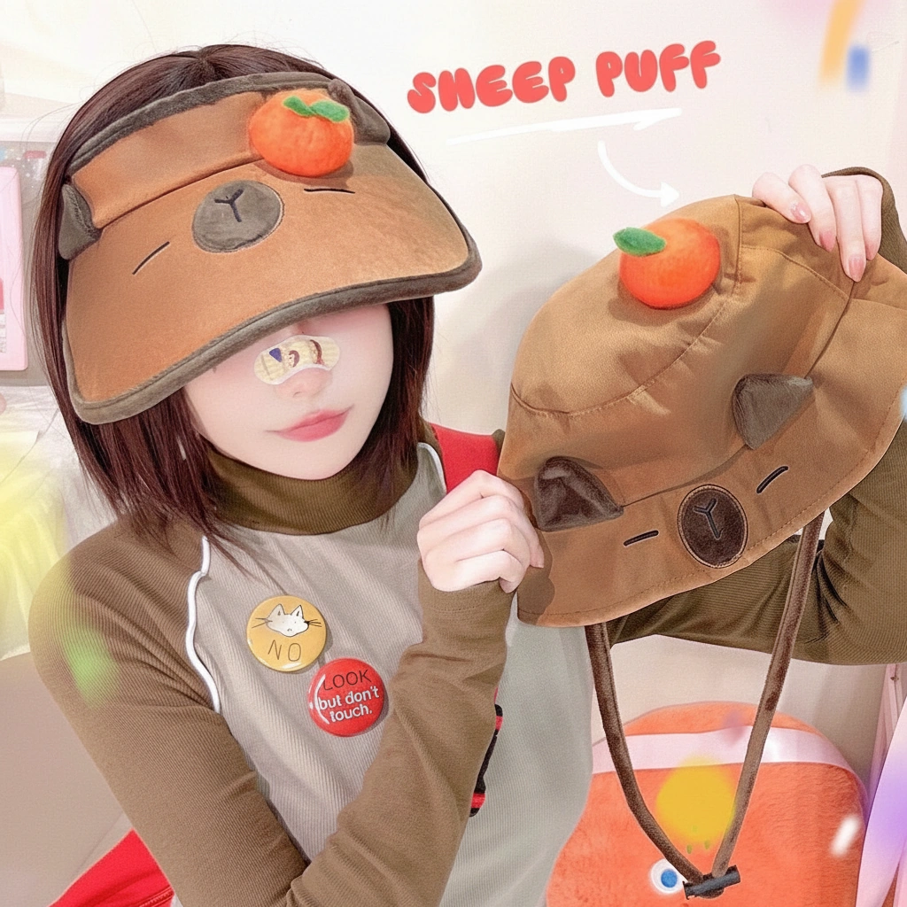 Model wearing open-top visor hat with a 3D orange on top, next to a matching a brown soft bucket hat featuring the same cute capybara face and fruit detail.