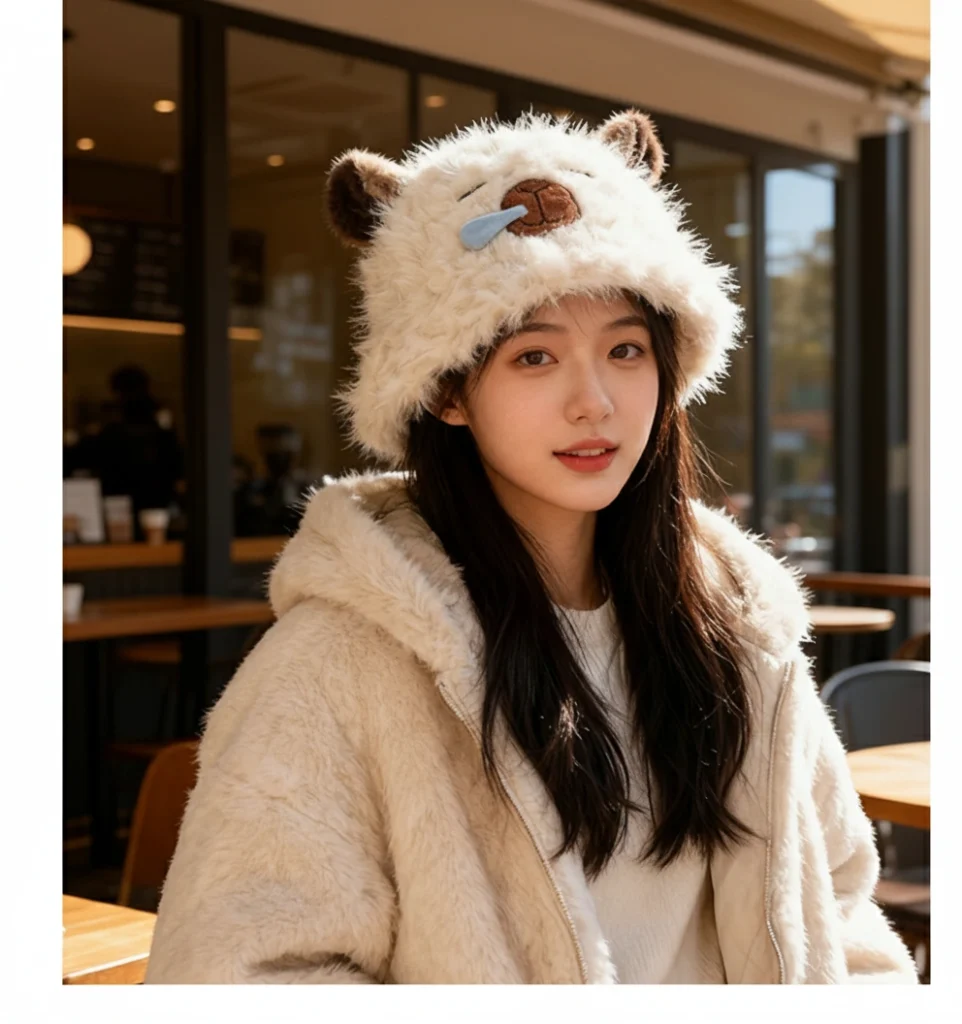 Model wearing a thick, cream beige faux-fur bucket hat featuring a sleeping capybara face with a blue 3D snot bubble and brown ears.