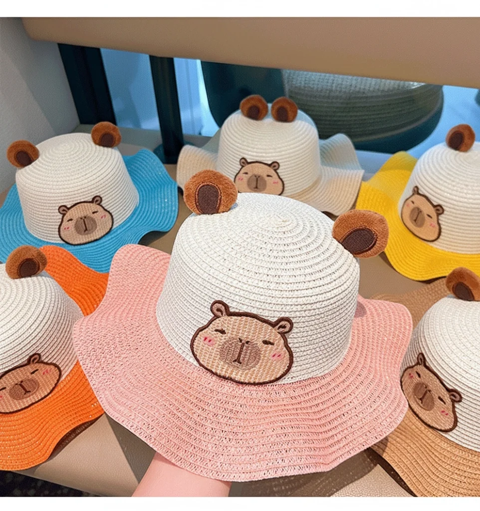 Collection of six children's straw bucket hats featuring white crowns, embroidered capybara faces, and wavy brims in blue, orange, yellow, pink, khaki, and beige
