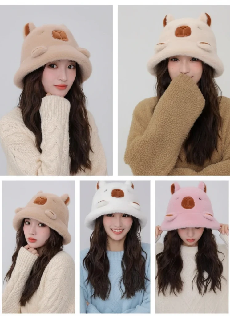 Mold wearing Soft Plush Capybara Bucket Hat with 3D Paws & Ears - Winter Warmth wuth different colors