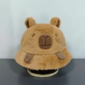 Brown adult Soft Plush Capybara Bucket Hat with 3D Paws & Ears - Winter Warmth