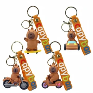 Four variations of a 3D cartoon Capybara keychain featuring the animal riding a skateboard, driving a car, riding a motorcycle, and riding an electric scooter, all made of PVC and alloy with text straps.