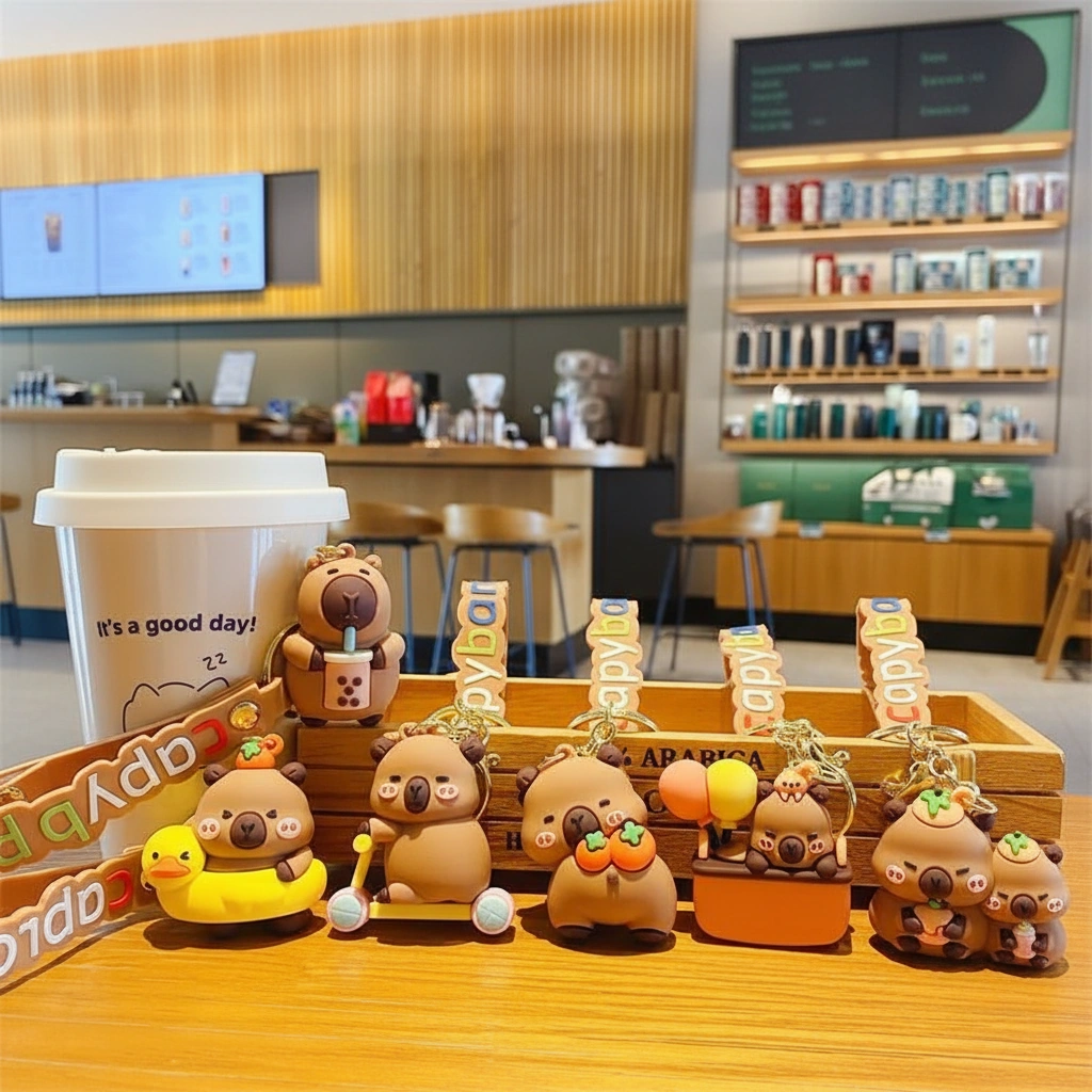 A collection of six cute PVC capybara keychains arranged on a wooden table, featuring designs including drinking bubble tea, riding a scooter, sitting in a duck floatie, and holding balloons.