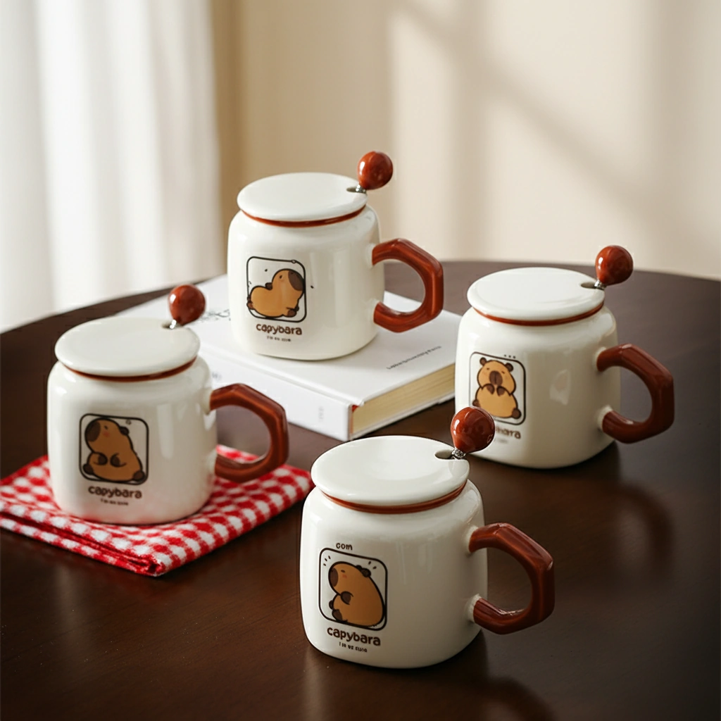 A creamy white ceramic capybara mug featuring a cute cartoon capybara illustration, a brown geometric handle, and a white lid with a round brown knob, held by a person in a cozy sweater.