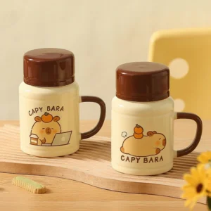 Kawaii Capybara Ceramic Mug with Lid and Spoon