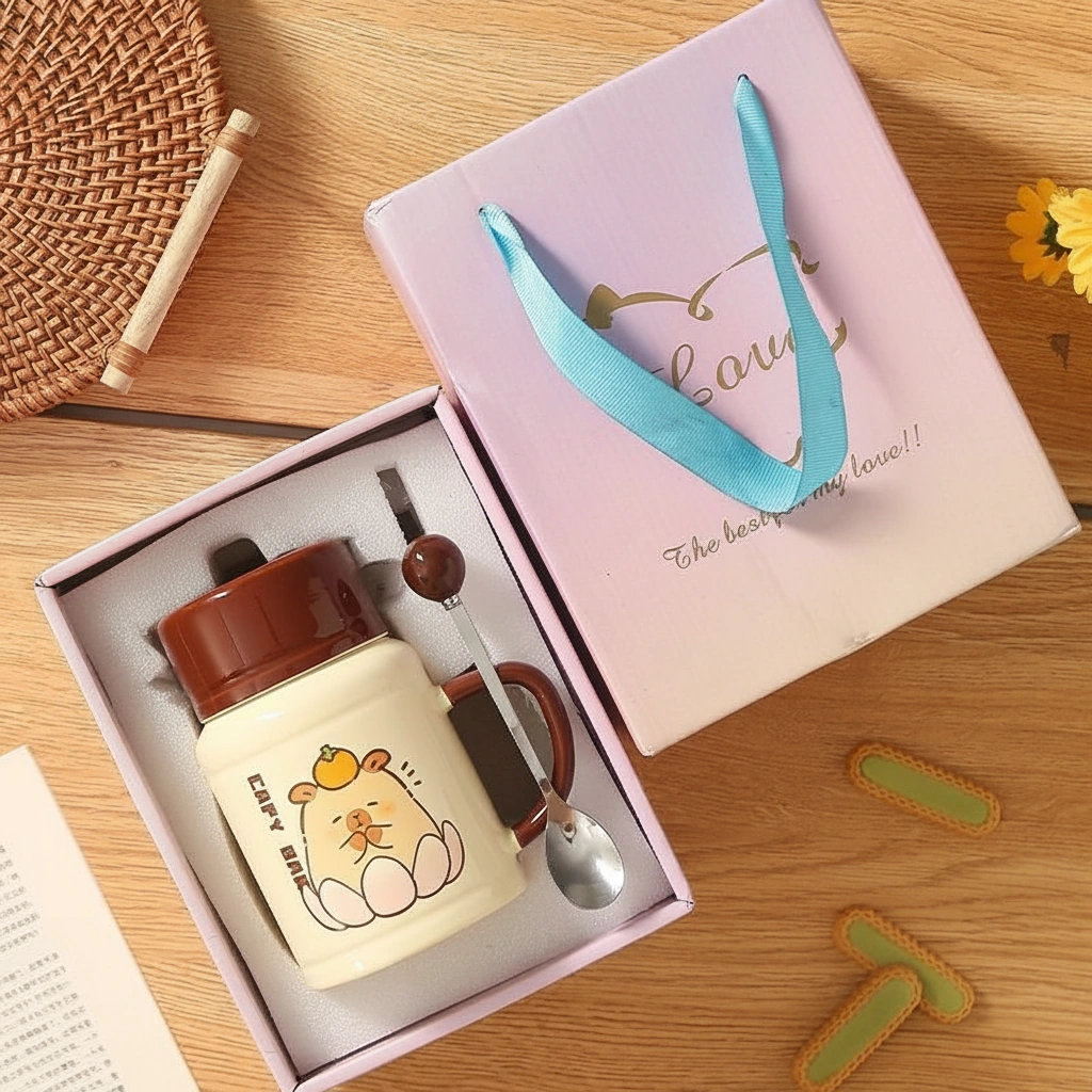 Kawaii Capybara Ceramic Mug with Lid and Spoon, Gift Box