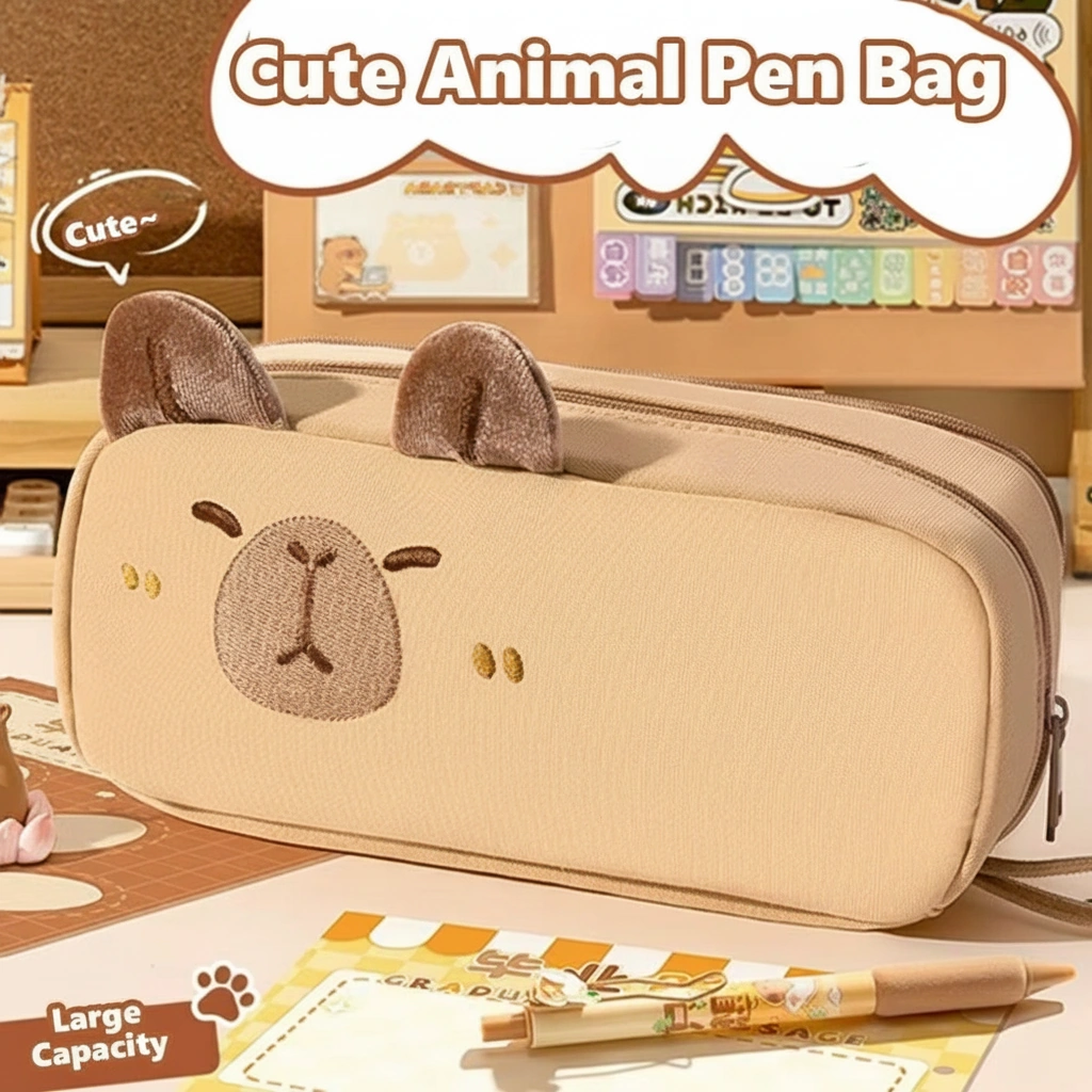 Cute capybara Embroidery Pencil Case with 3D Plush Ears