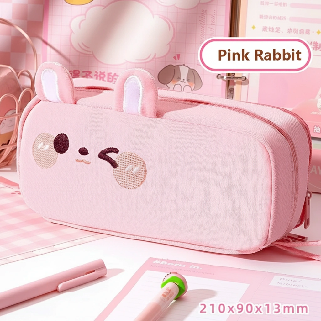 Cute rabbit Embroidery Pencil Case with 3D Plush Ears