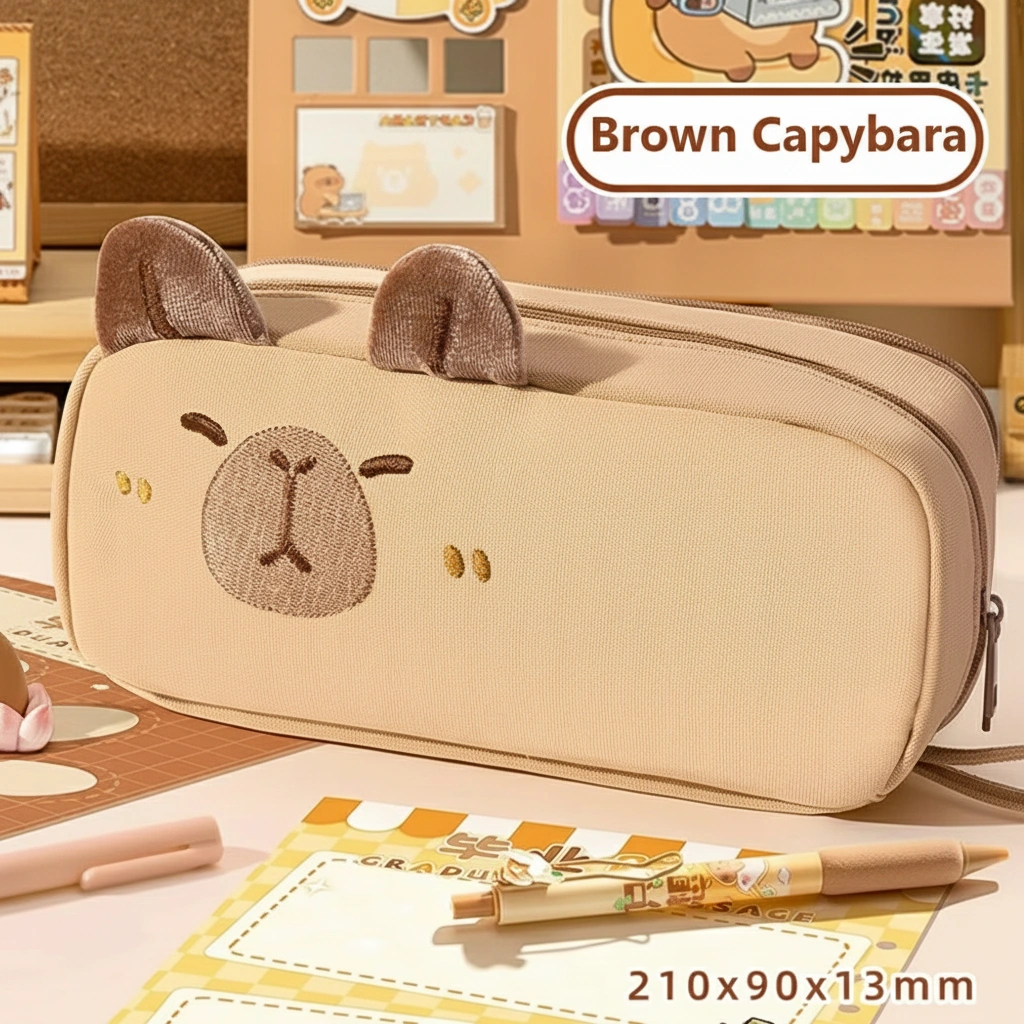 Cute capybara Embroidery Pencil Case with 3D Plush Ears