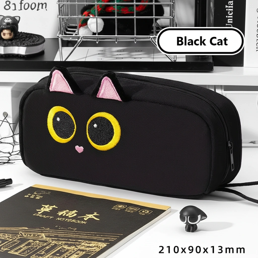 Cute Black Cat Embroidery Pencil Case with 3D Plush Ears