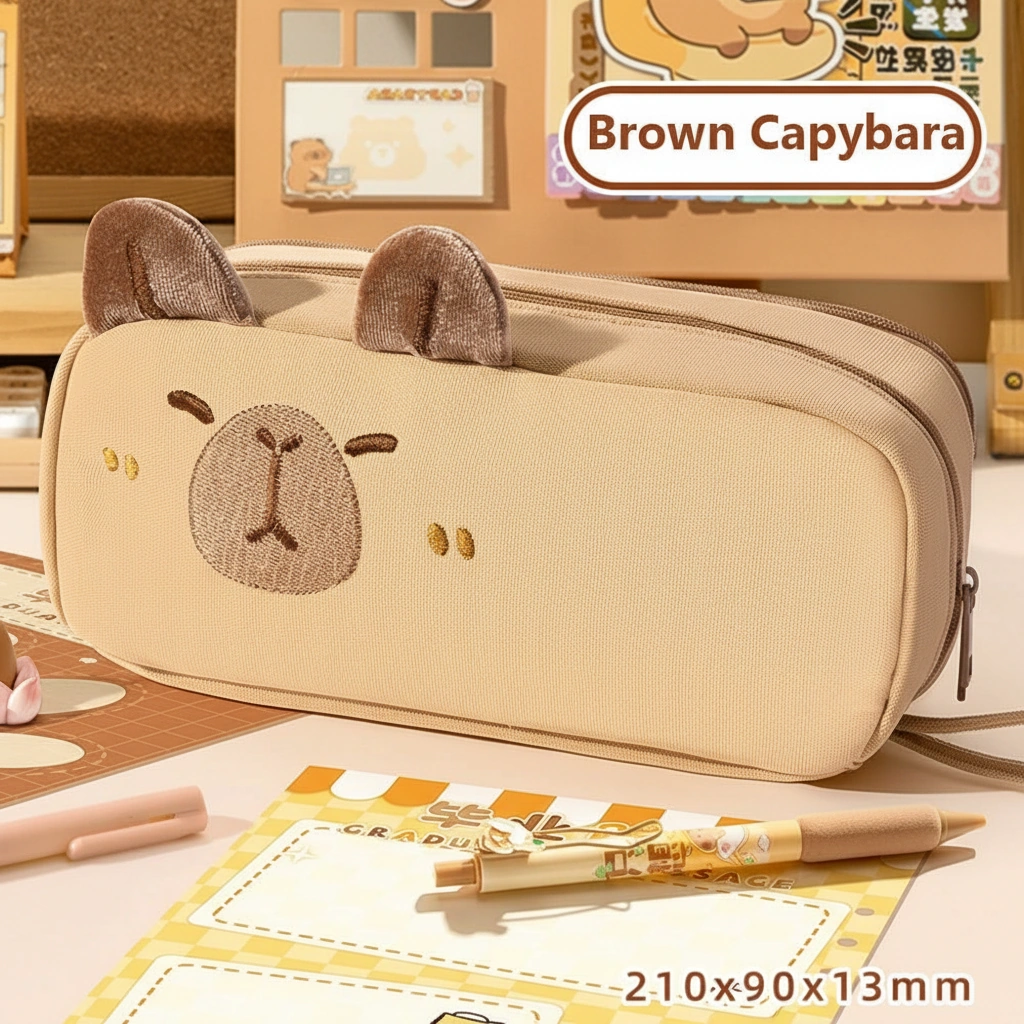 Cute capybara Embroidery Pencil Case with 3D Plush Ears