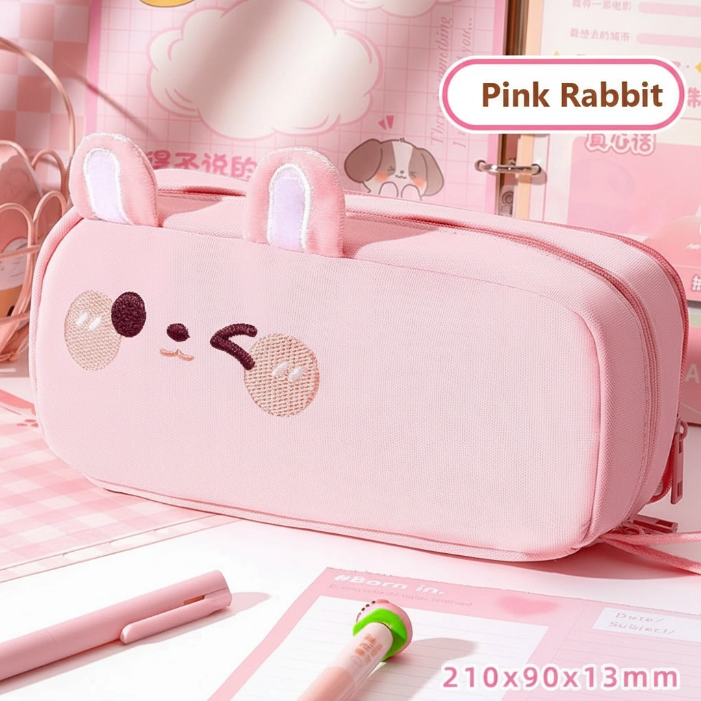Cute rabbit Embroidery Pencil Case with 3D Plush Ears