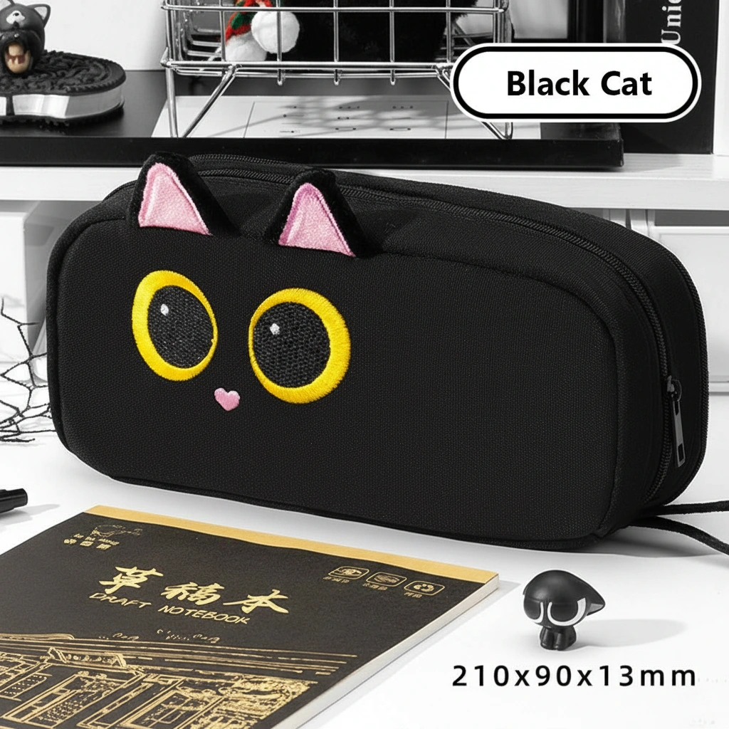 Cute Black Cat Embroidery Pencil Case with 3D Plush Ears