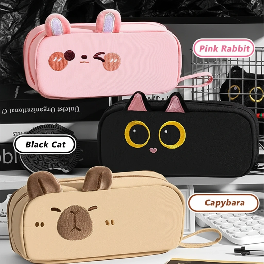 Cute Animal Embroidery Pencil Case with 3D Plush Ears