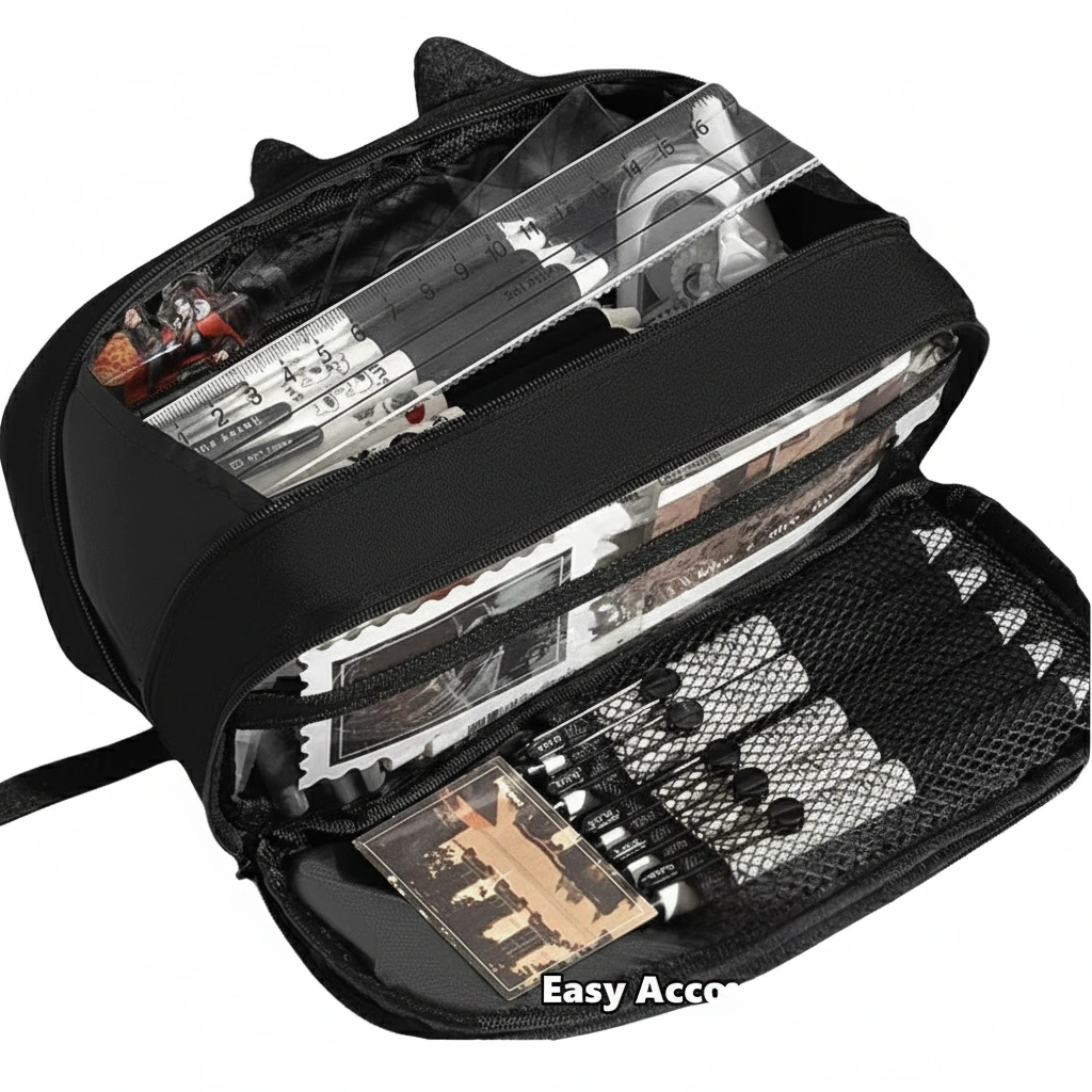 Cute Black Cat Embroidery Pencil Case with 3D Plush Ears