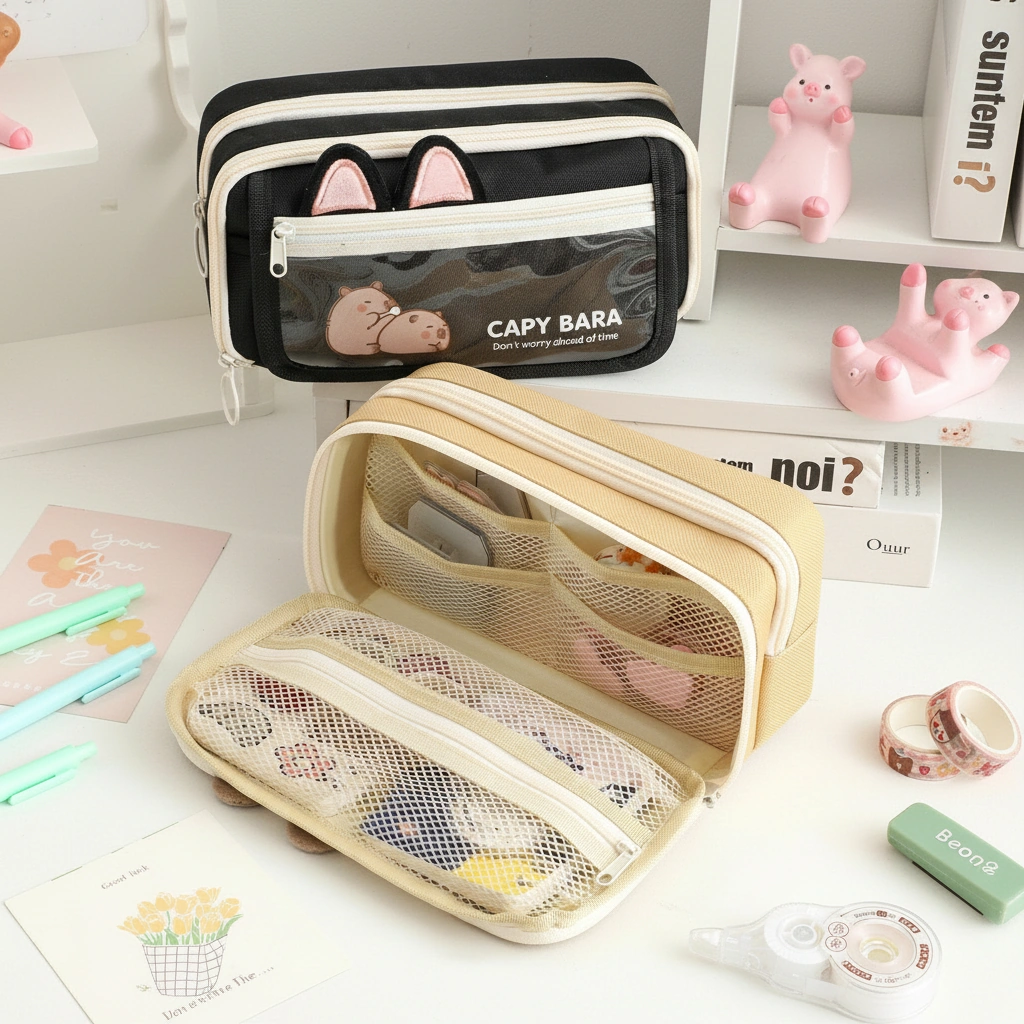 Capybara Multi-Layer Pencil Case with Transparent Front Window & 3D Ears