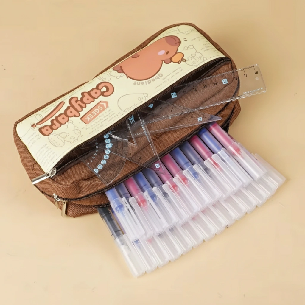 Canvas Capybara Pencil Case – 3-Layer Large Capacity Pouch