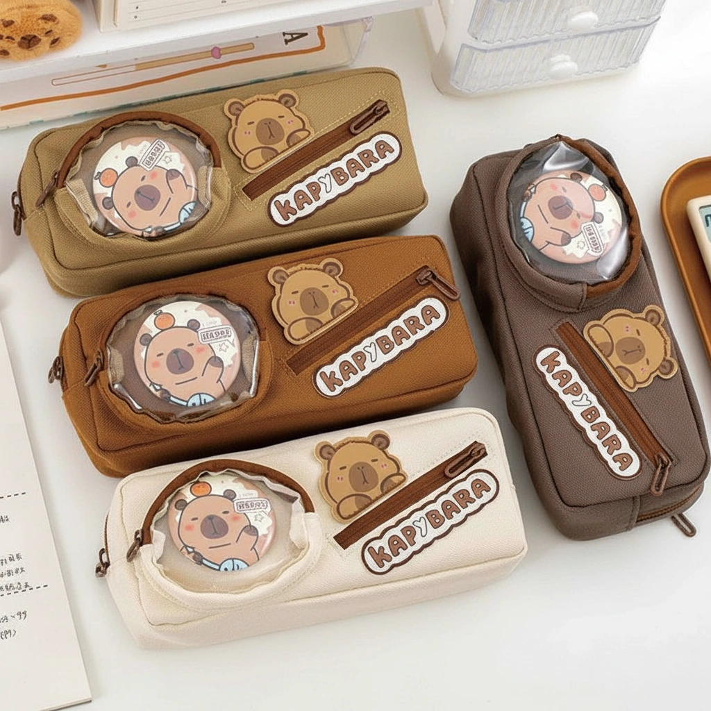 Canvas Capybara Pencil Case with Round Badge Display Window