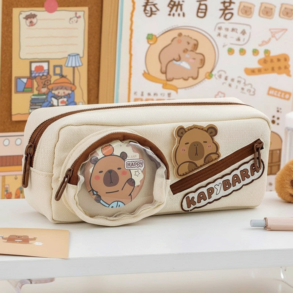 Canvas Capybara Pencil Case with Round Badge Display Window