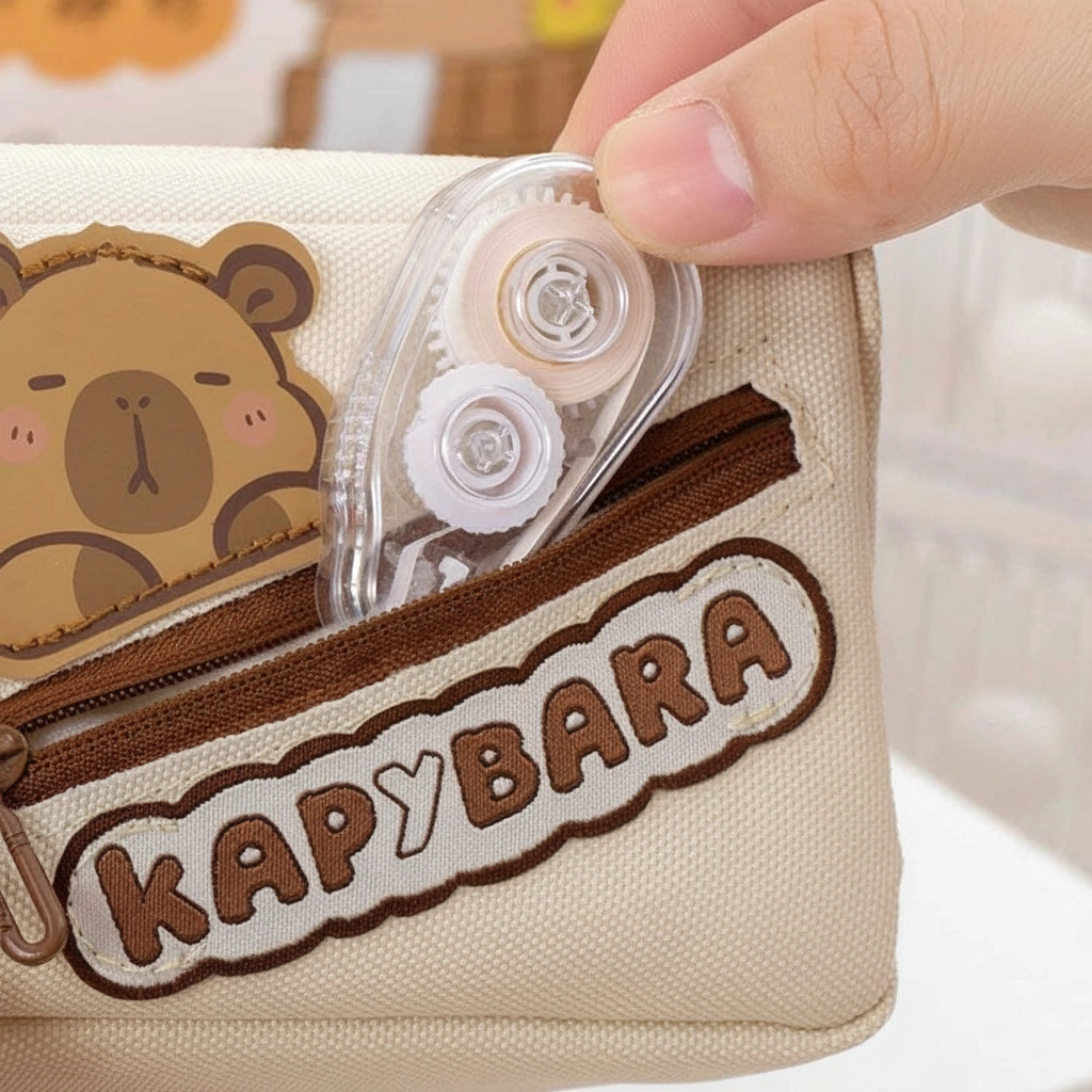 Canvas Capybara Pencil Case with Round Badge Display Window