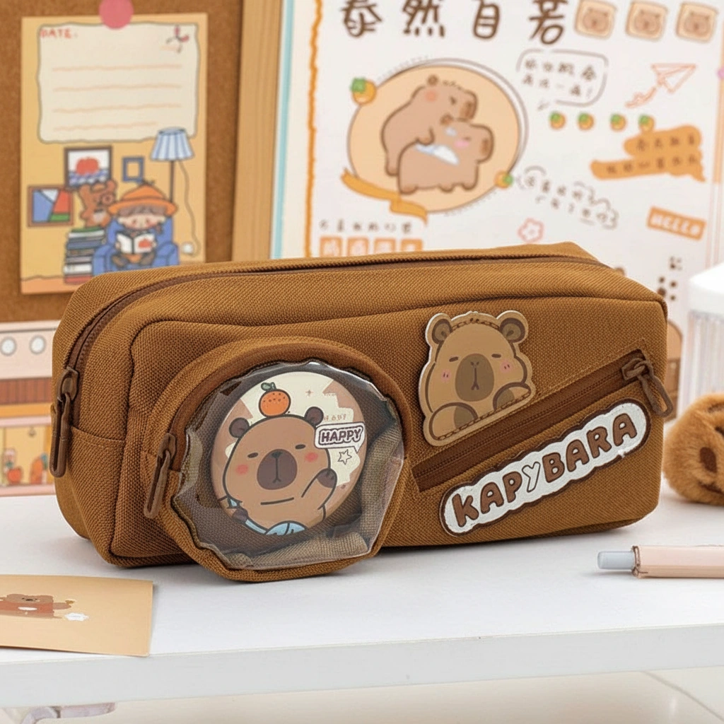 Canvas Capybara Pencil Case with Round Badge Display Window