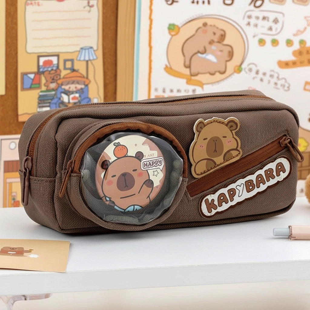 Canvas Capybara Pencil Case with Round Badge Display Window