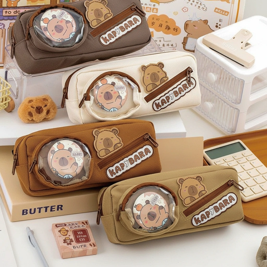 Canvas Capybara Pencil Case with Round Badge Display Window