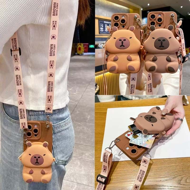 3D Capybara Wallet Phone Case with Crossbody Strap