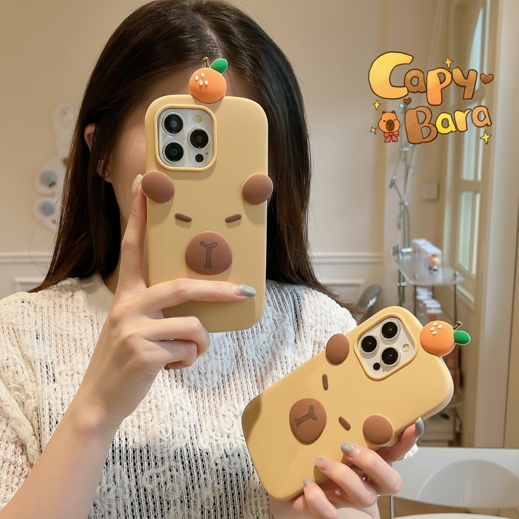 Minimalist Capybara Phone Case with 3D Orange On Top