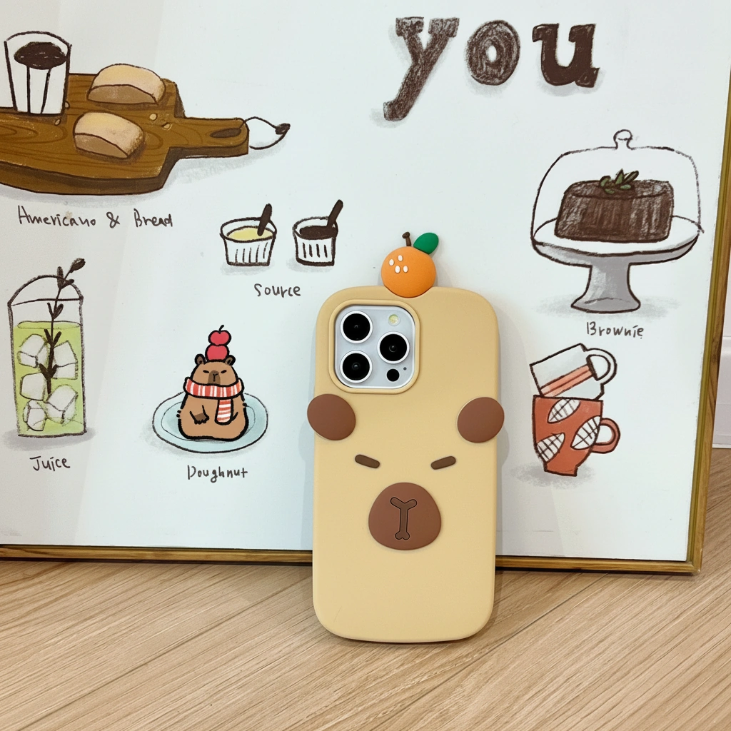 Minimalist Capybara Phone Case with 3D Orange On Top