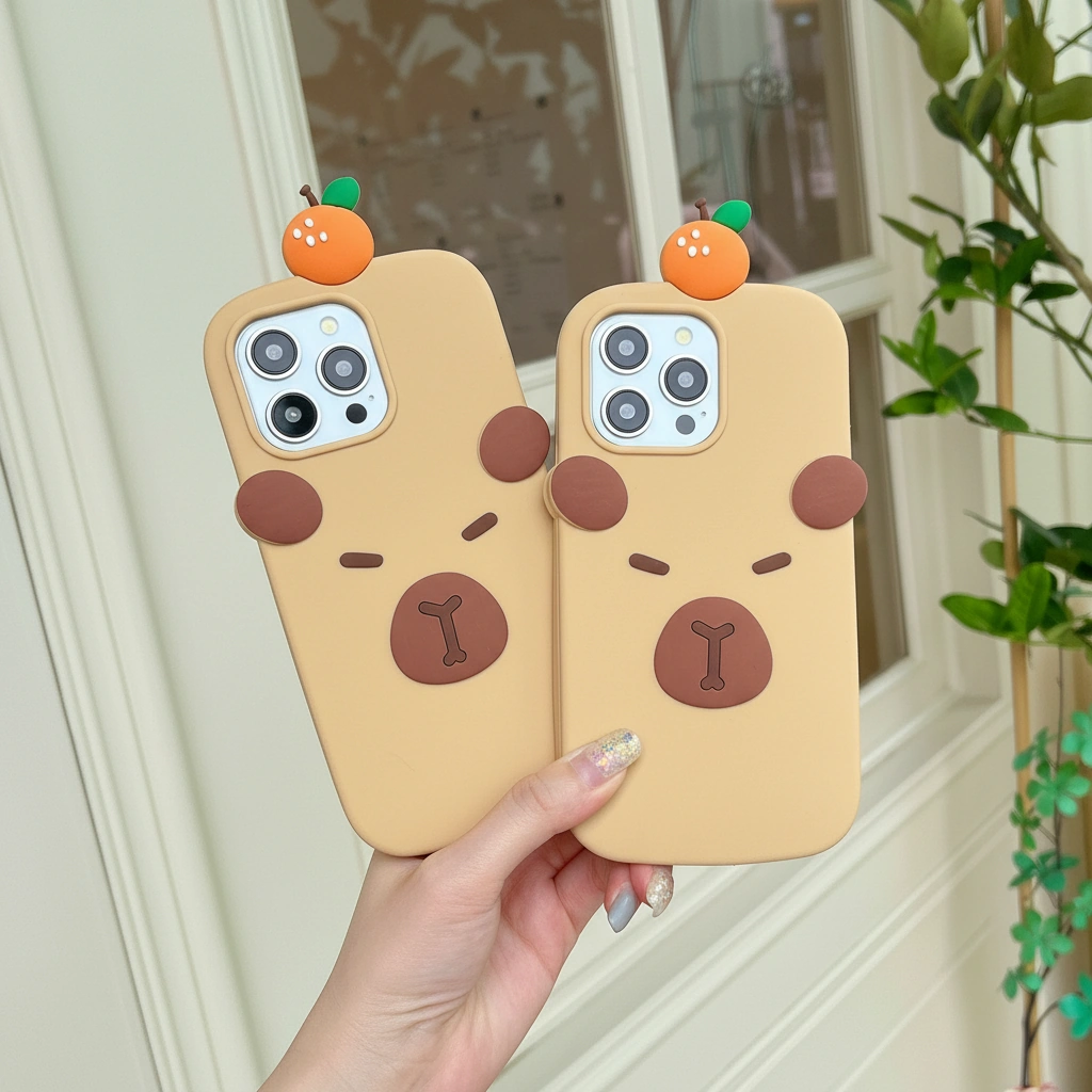 Minimalist Capybara Phone Case with 3D Orange On Top