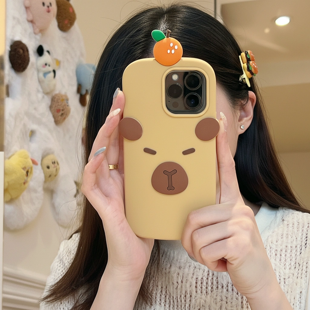 Minimalist Capybara Phone Case with 3D Orange On Top