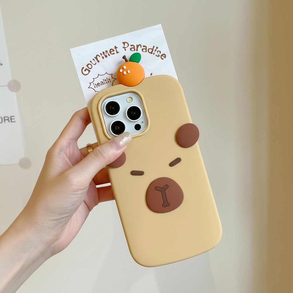 Minimalist Capybara Phone Case with 3D Orange On Top