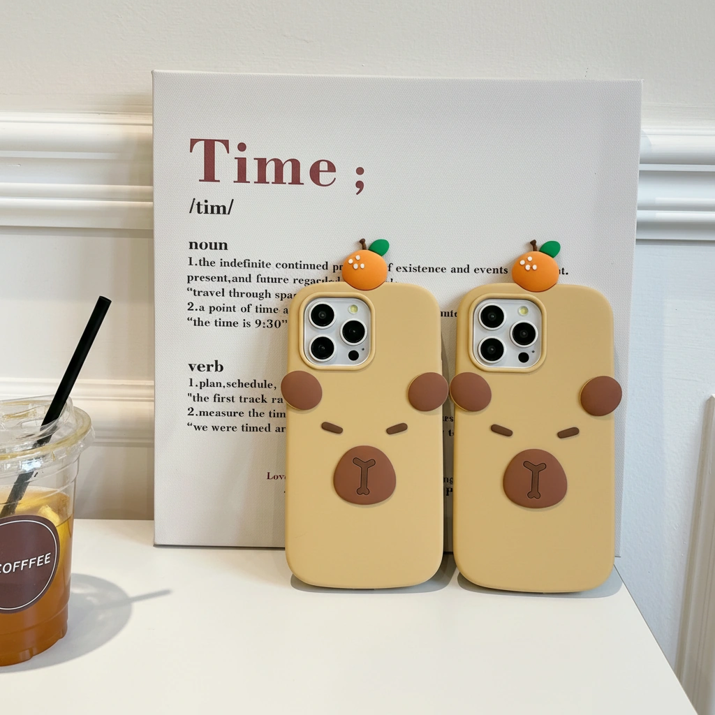 Minimalist Capybara Phone Case with 3D Orange On Top