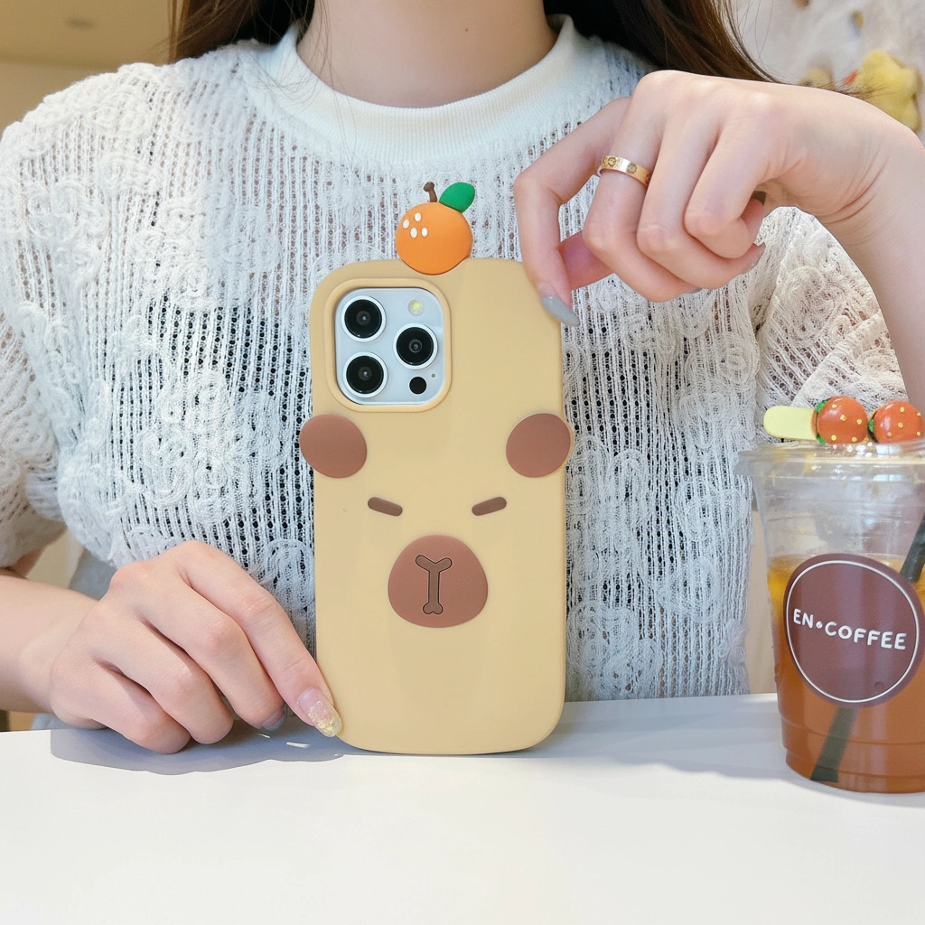 Minimalist Capybara Phone Case with 3D Orange On Top
